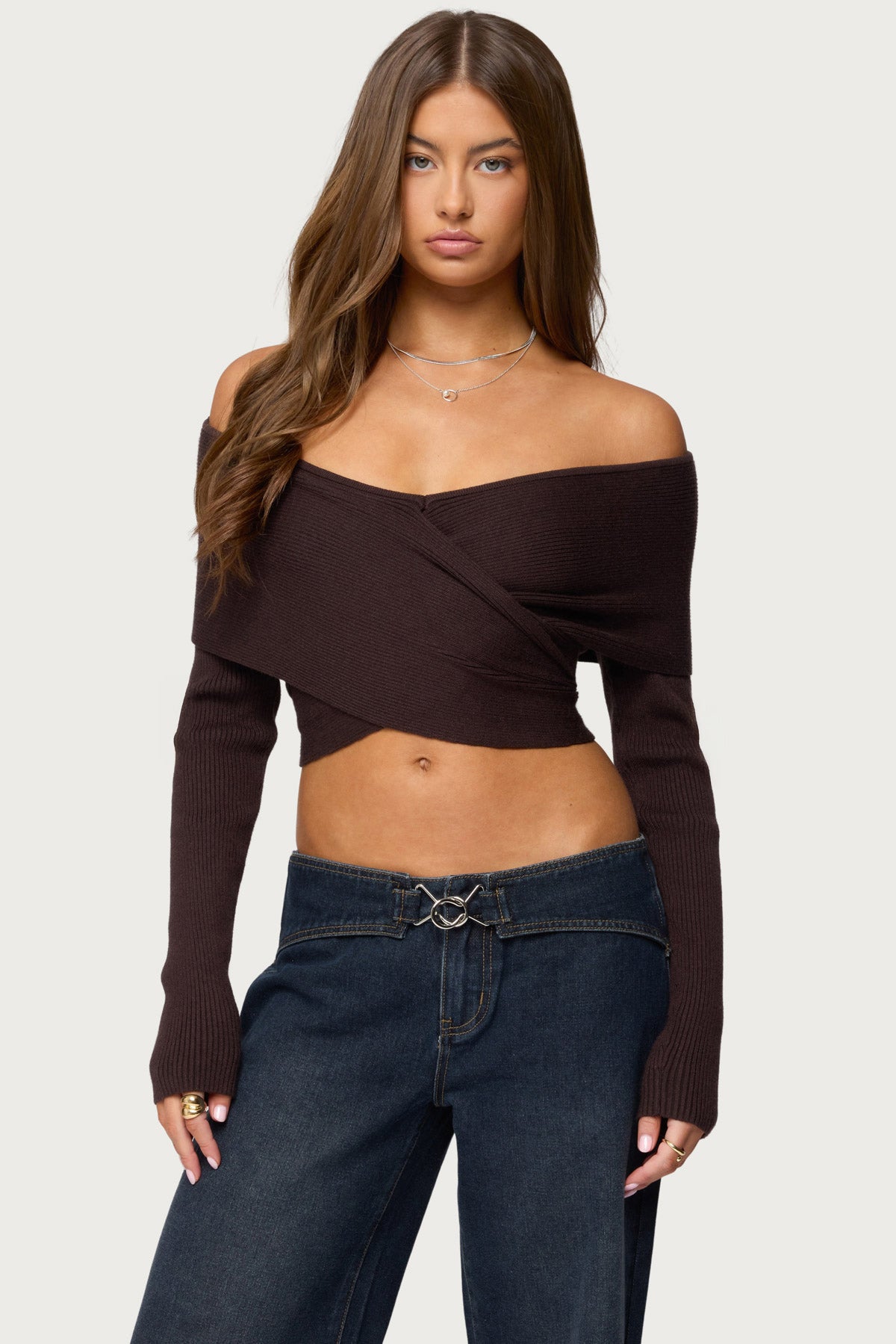 Paulina Off Shoulder Wrap Sweater - BROWN