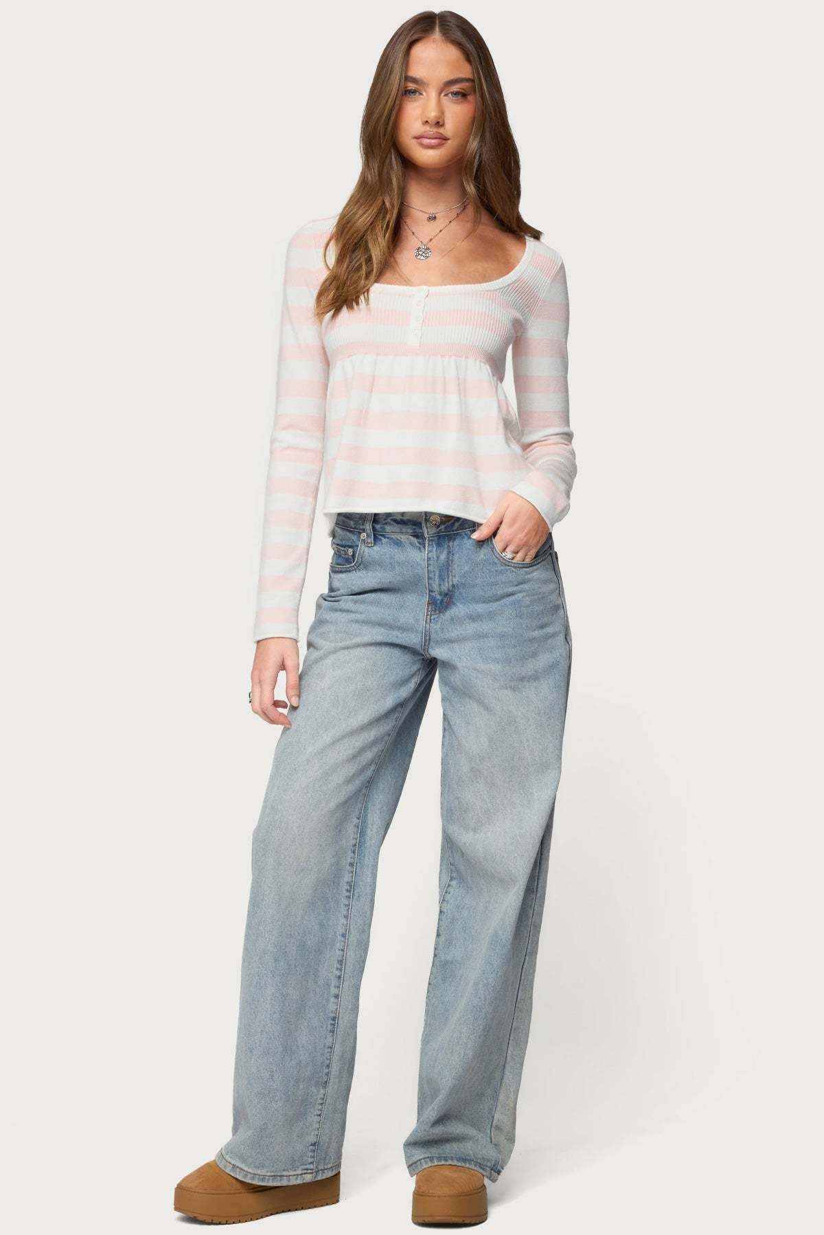 Lockie Striped Knit Babydoll Top - LIGHT-PINK