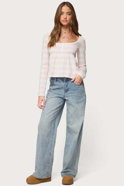 Lockie Striped Knit Babydoll Top - LIGHT-PINK
