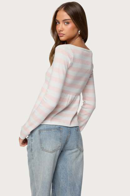 Lockie Striped Knit Babydoll Top - LIGHT-PINK