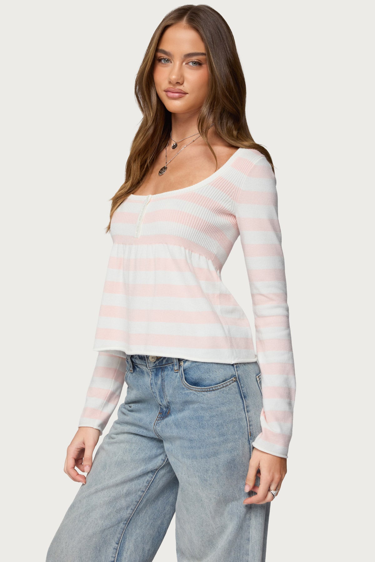 Lockie Striped Knit Babydoll Top - LIGHT-PINK