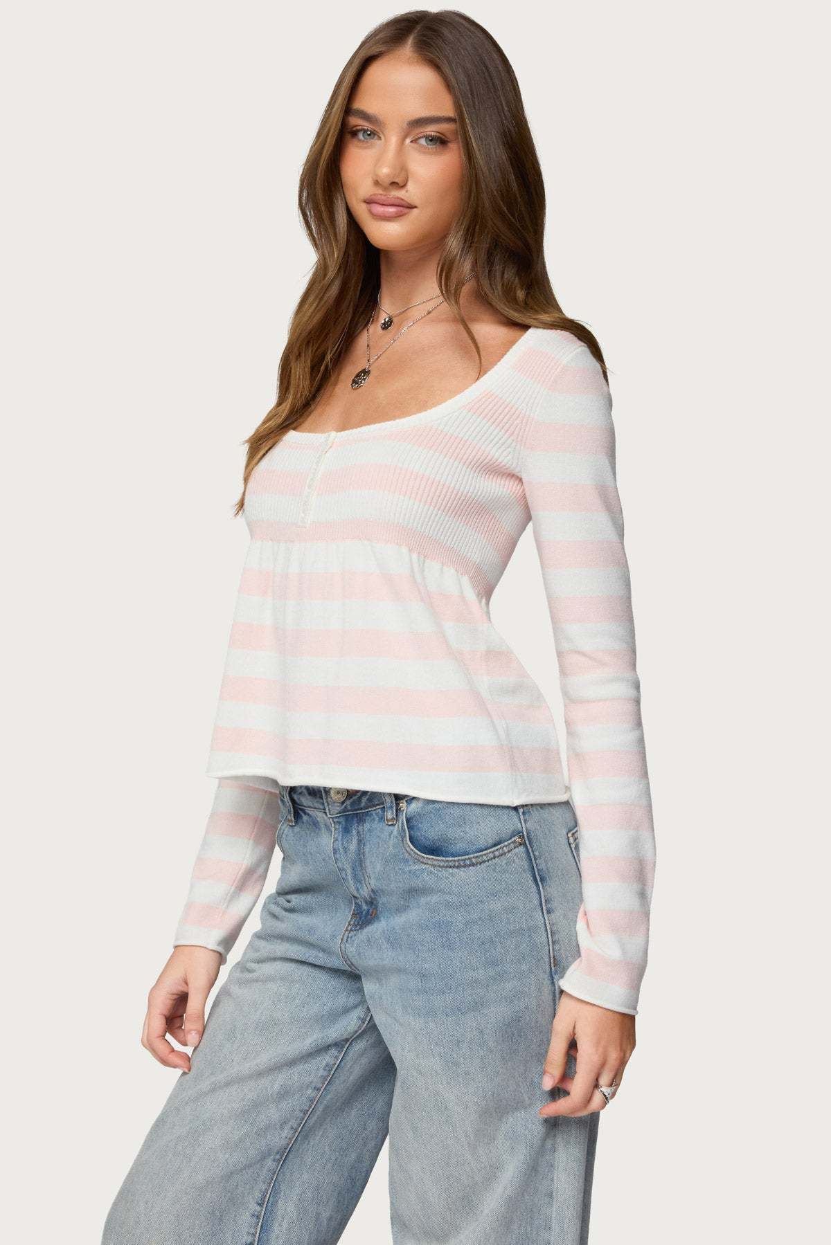 Lockie Striped Knit Babydoll Top - LIGHT-PINK