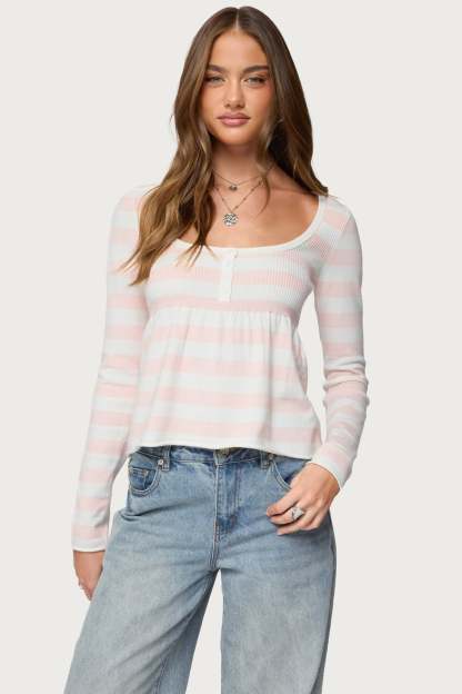Lockie Striped Knit Babydoll Top - LIGHT-PINK