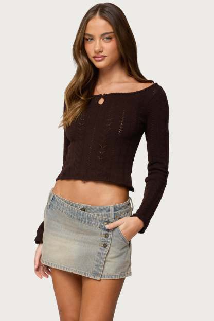 Khari Keyhole Pointelle Knit Top - BROWN