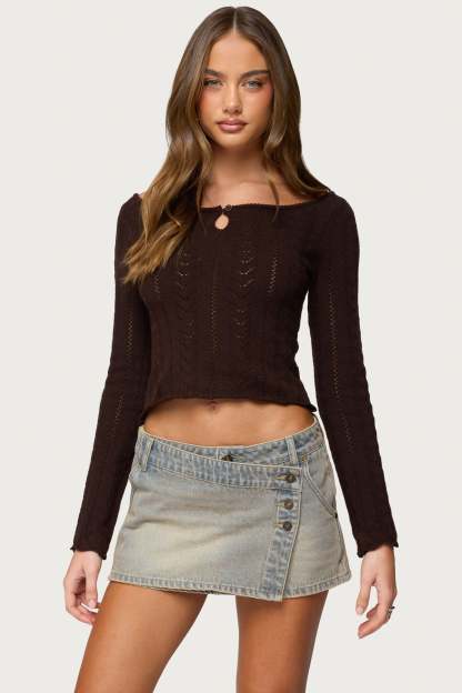 Khari Keyhole Pointelle Knit Top - BROWN