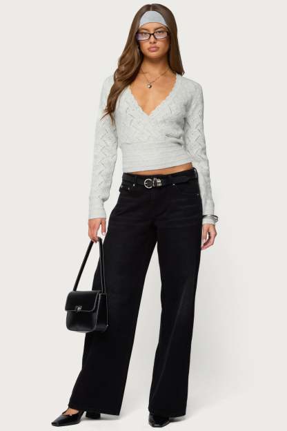 Janine Pointelle Knit V Neck Top - GRAY-MELANGE