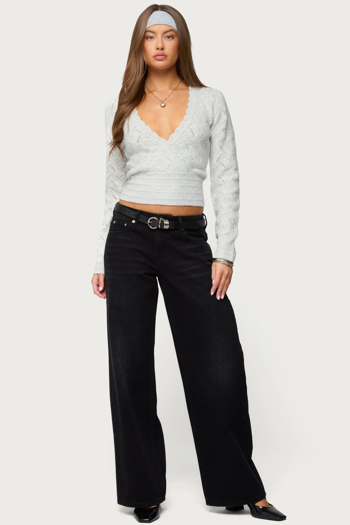 Janine Pointelle Knit V Neck Top - GRAY-MELANGE