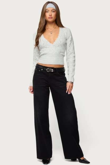 Janine Pointelle Knit V Neck Top - GRAY-MELANGE