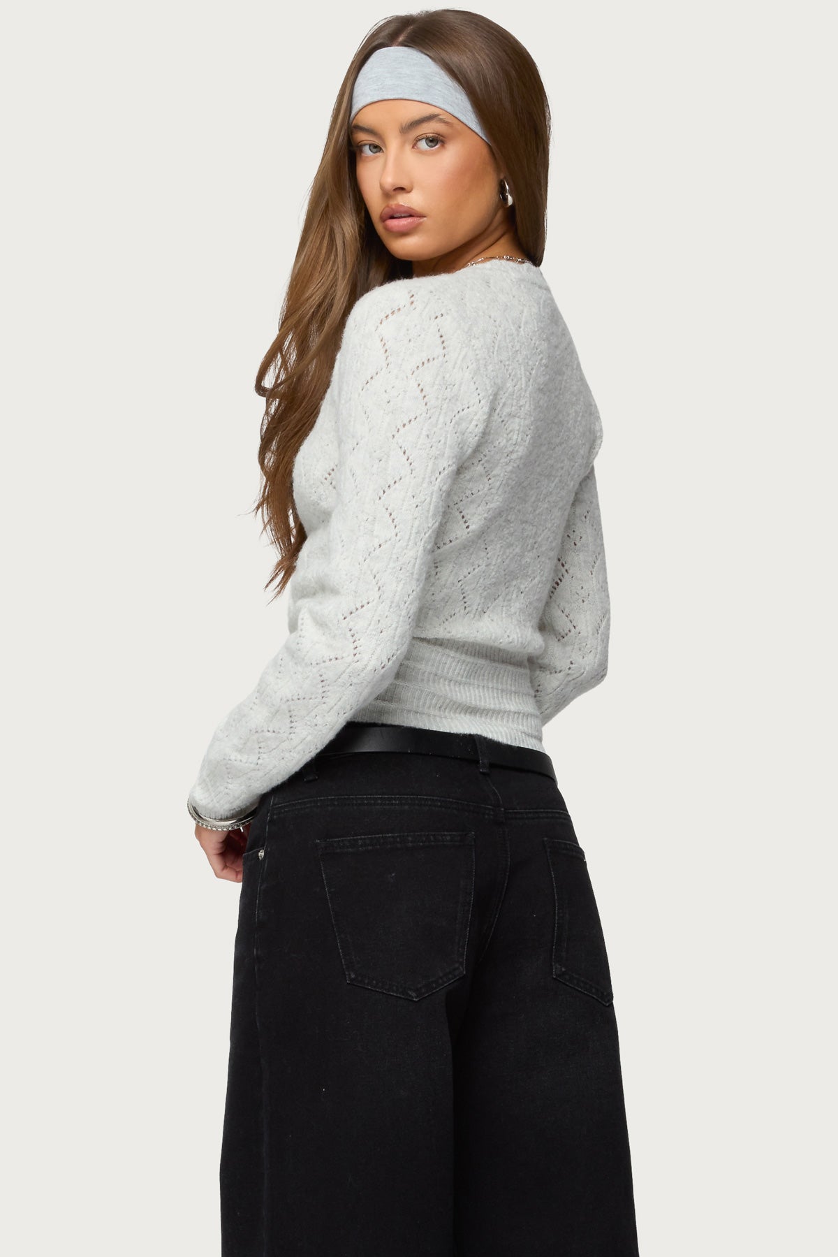 Janine Pointelle Knit V Neck Top - GRAY-MELANGE