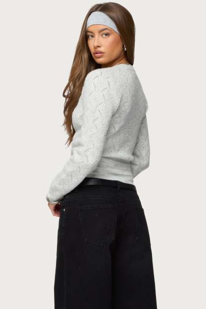 Janine Pointelle Knit V Neck Top - GRAY-MELANGE