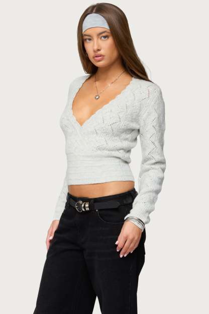 Janine Pointelle Knit V Neck Top - GRAY-MELANGE