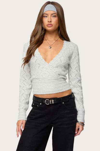 Janine Pointelle Knit V Neck Top - GRAY-MELANGE