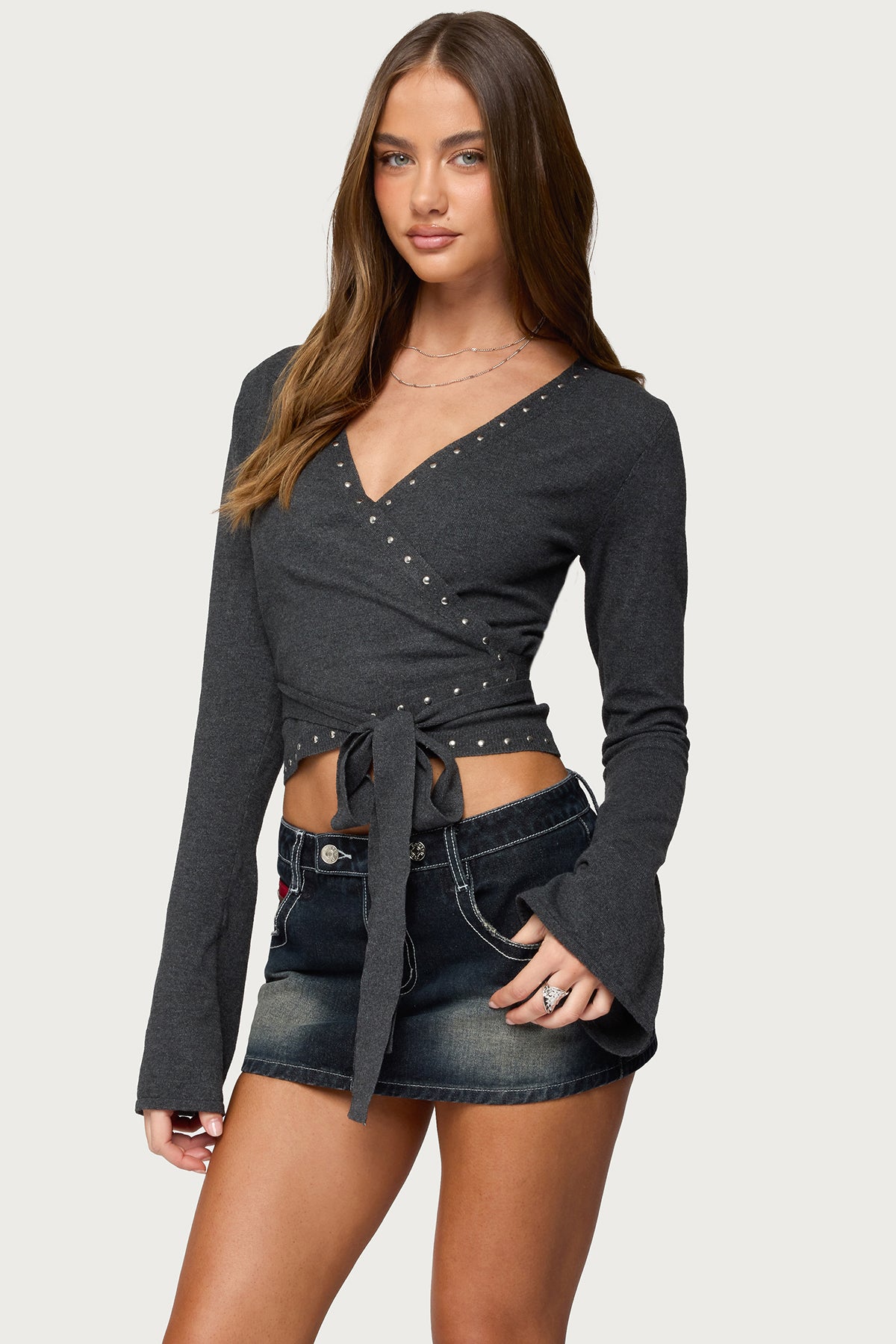 Roccia Studded Knit Wrap Top - DARK-GRAY-MELANGE