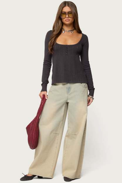 Jaylah Cable Knit Babydoll Top - DARK-GRAY