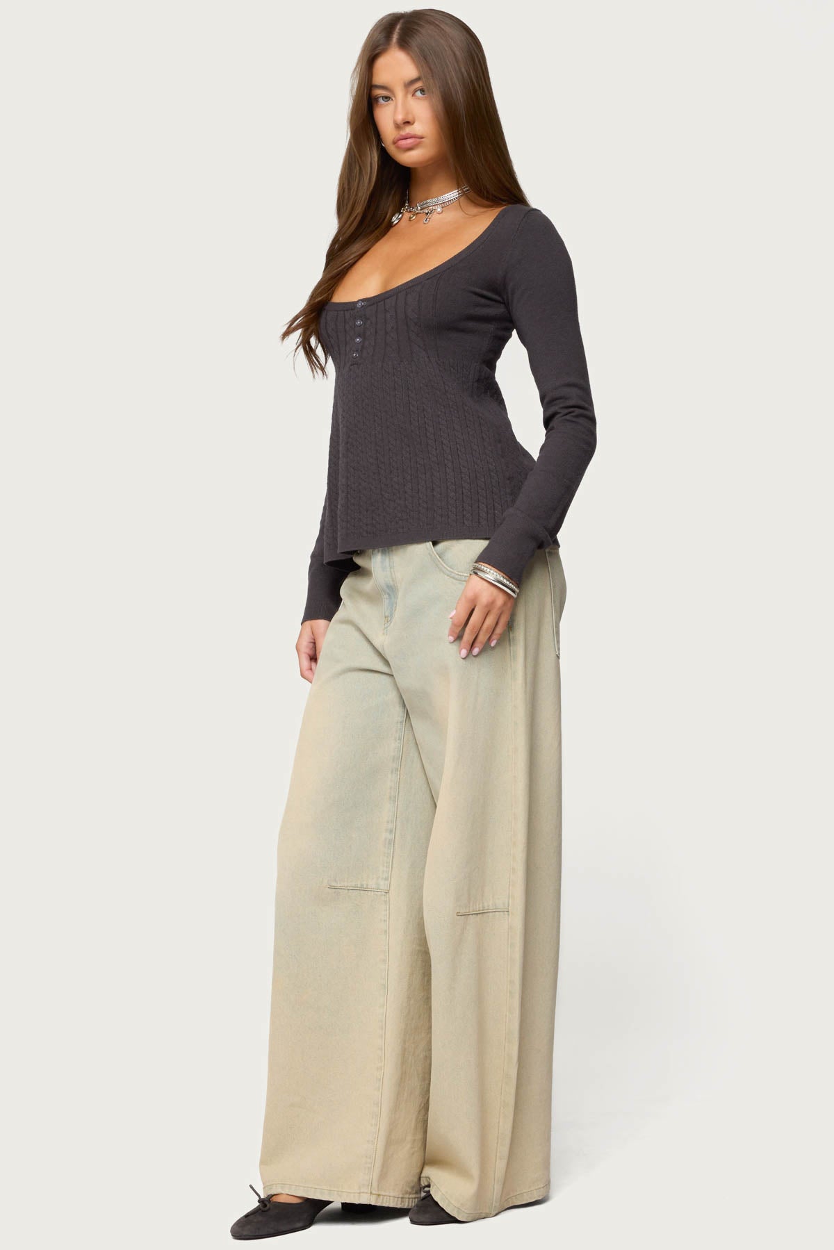 Jaylah Cable Knit Babydoll Top - DARK-GRAY