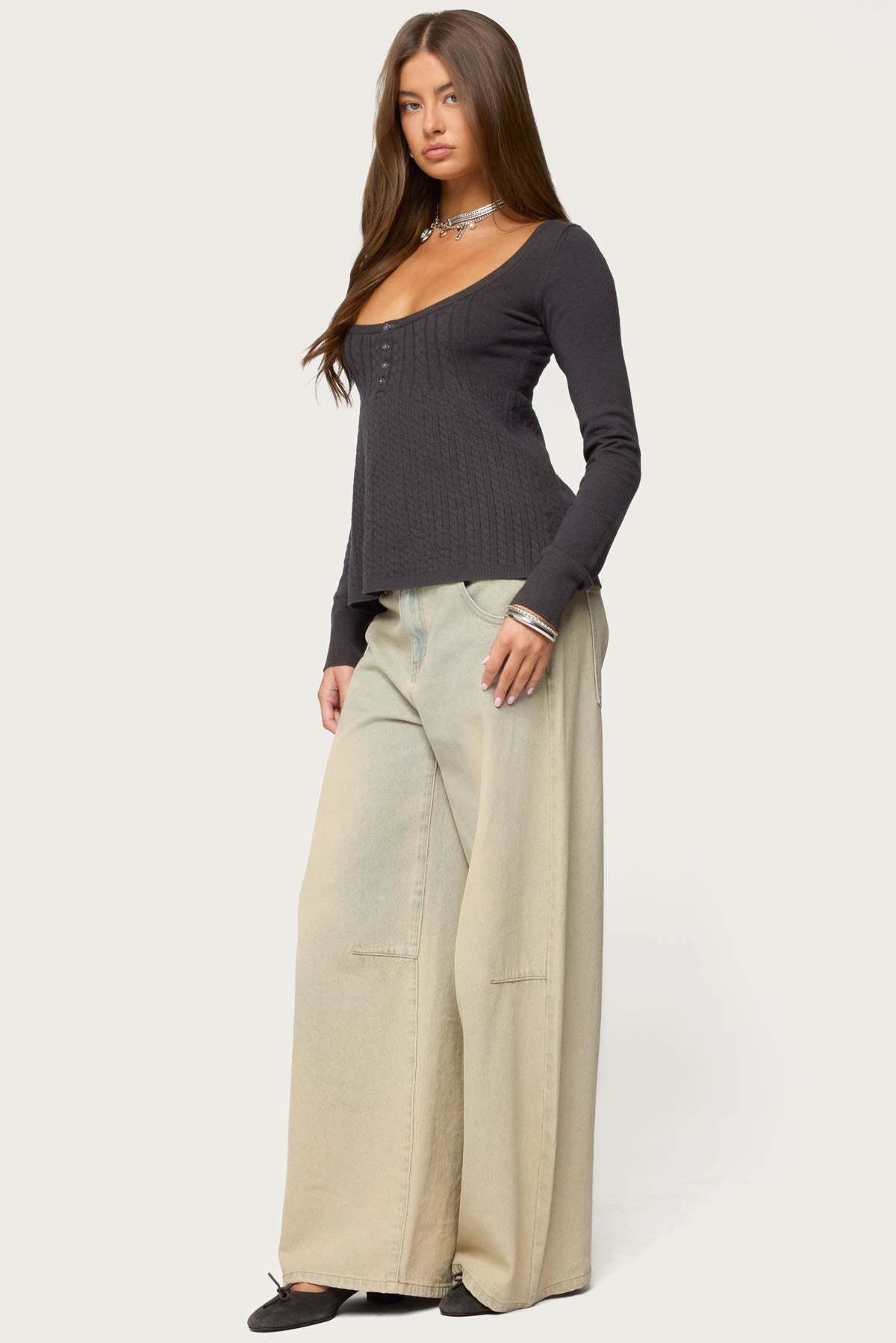 Jaylah Cable Knit Babydoll Top - DARK-GRAY