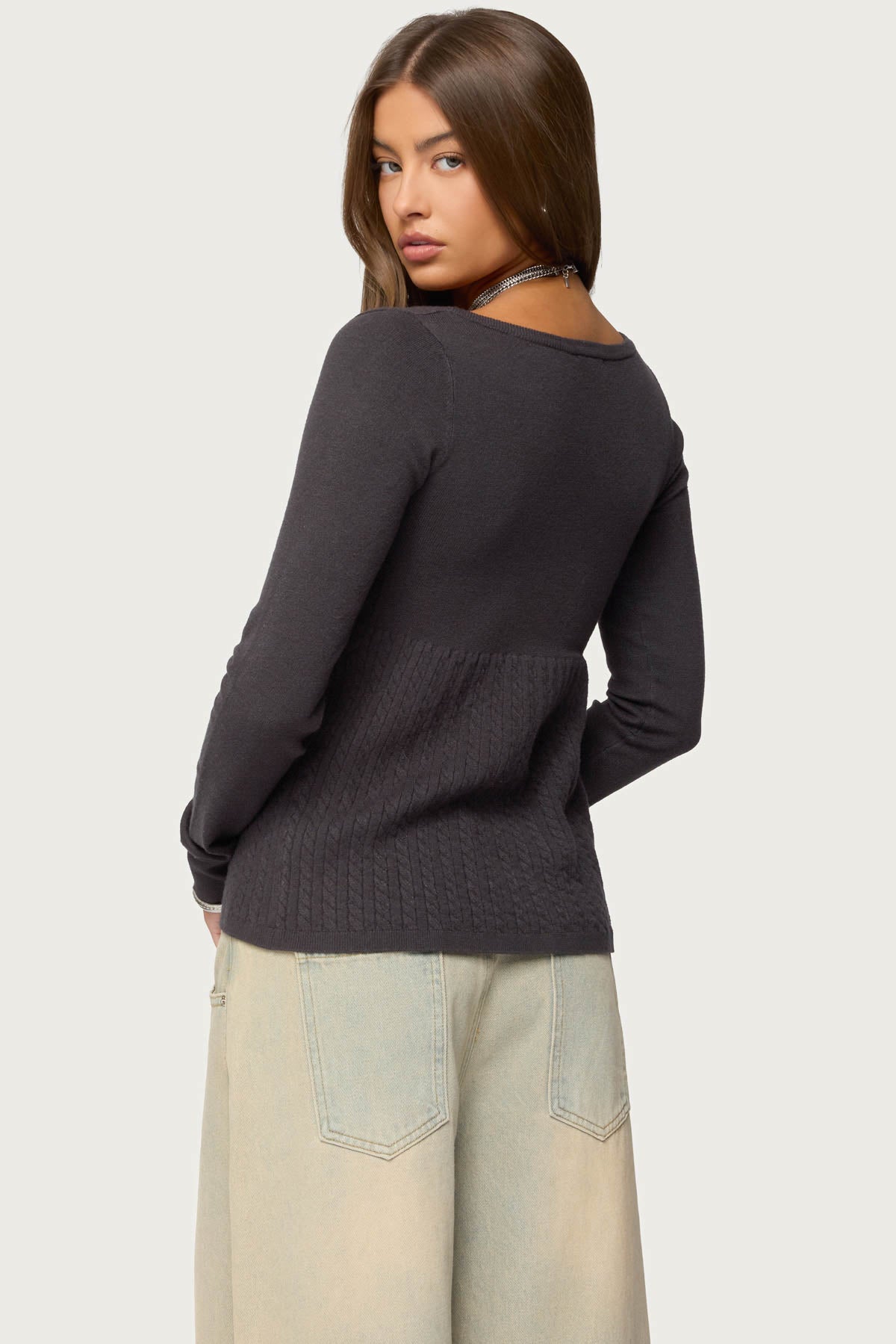 Jaylah Cable Knit Babydoll Top - DARK-GRAY