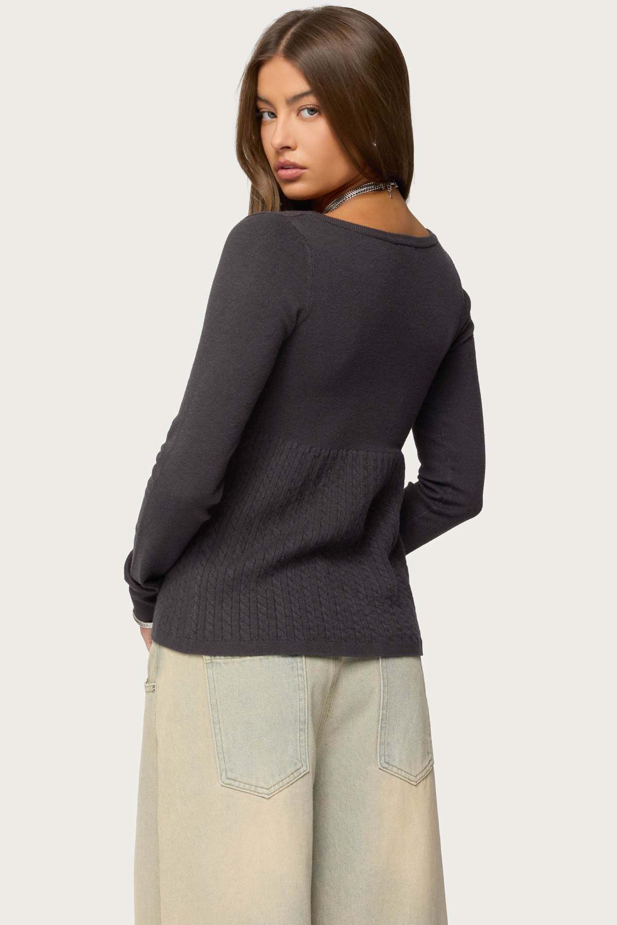 Jaylah Cable Knit Babydoll Top - DARK-GRAY