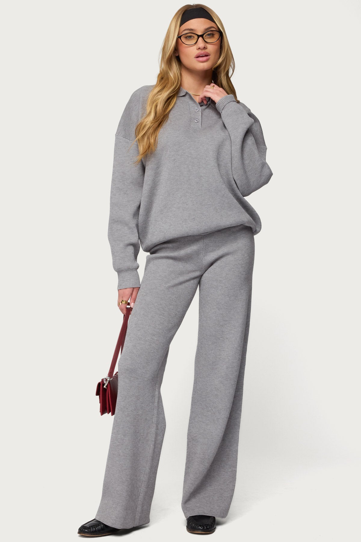 Lorie Oversized Knit Polo Sweater - GRAY-MELANGE