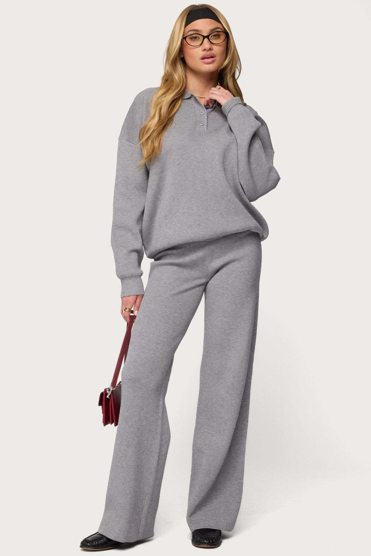 Lorie Oversized Knit Polo Sweater - GRAY-MELANGE