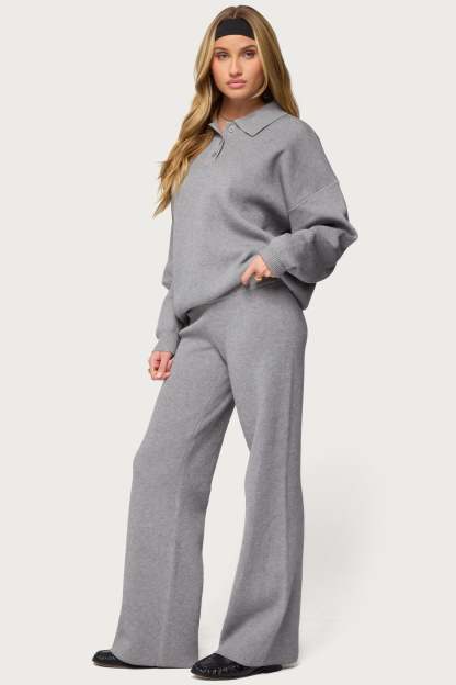 Lorie Oversized Knit Polo Sweater - GRAY-MELANGE