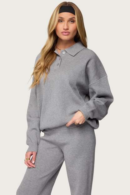 Lorie Oversized Knit Polo Sweater - GRAY-MELANGE
