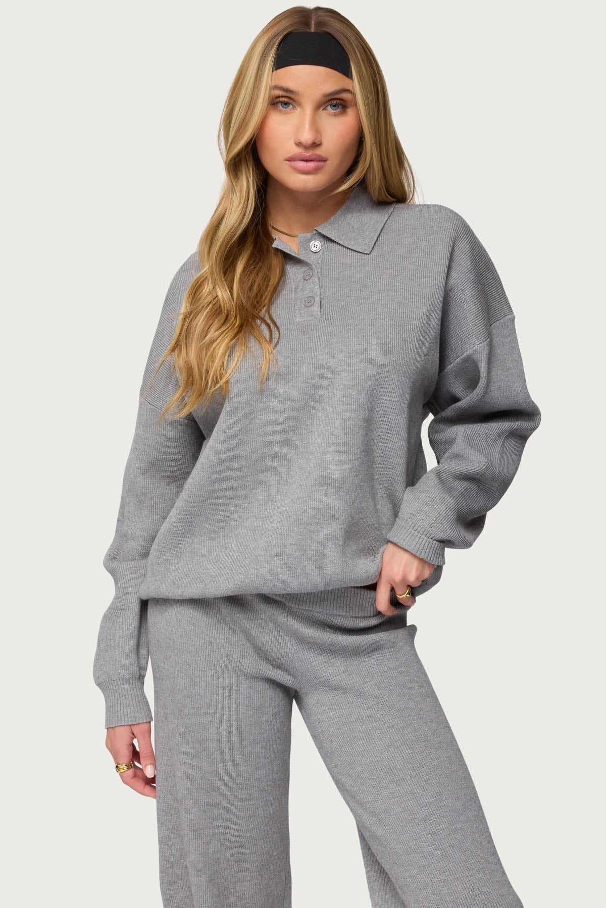 Lorie Oversized Knit Polo Sweater - GRAY-MELANGE