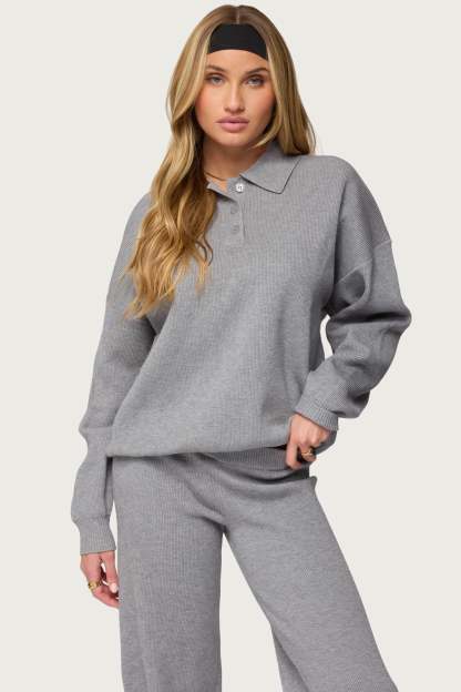 Lorie Oversized Knit Polo Sweater - GRAY-MELANGE