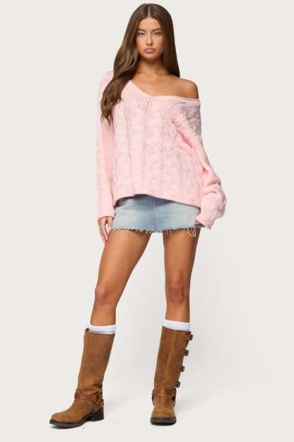Inga Oversized Cable Knit Sweater - LIGHT PINK
