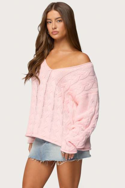 Inga Oversized Cable Knit Sweater - LIGHT PINK