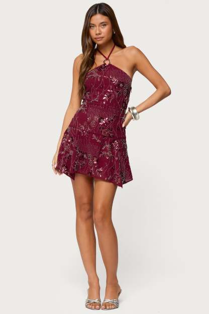 Adria Bead & Sequin Mini Dress - BURGUNDY