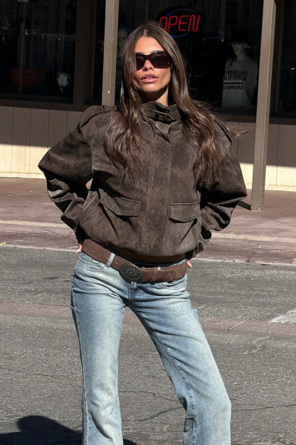 Chaya High Neck Faux Suede Jacket - DARK-BROWN
