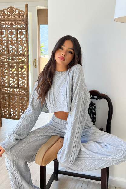 Kasey Cable Knit Cropped Sweater - GRAY MELANGE