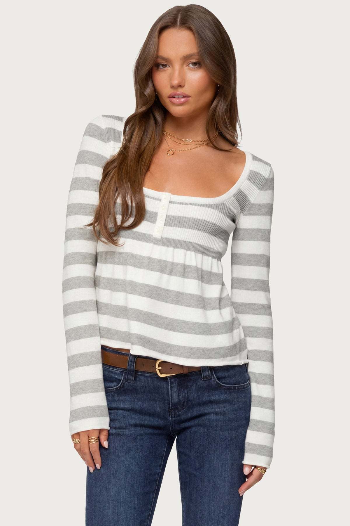 Lockie Striped Knit Babydoll Top - LIGHT-GRAY