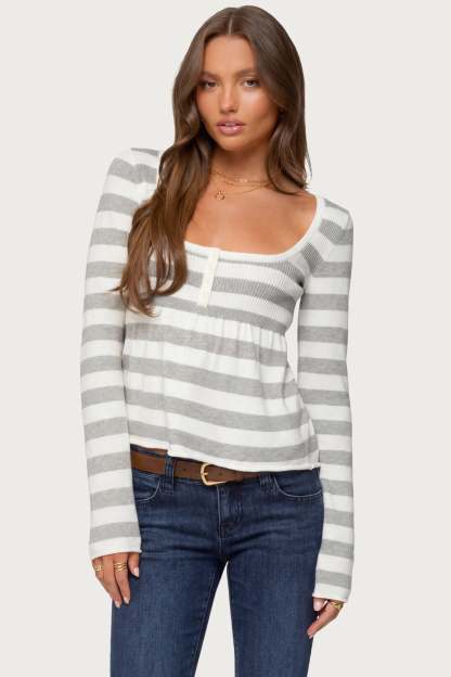 Lockie Striped Knit Babydoll Top - LIGHT-GRAY