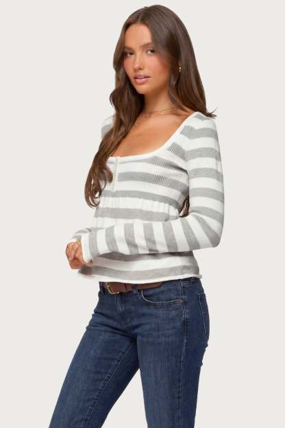 Lockie Striped Knit Babydoll Top - LIGHT-GRAY