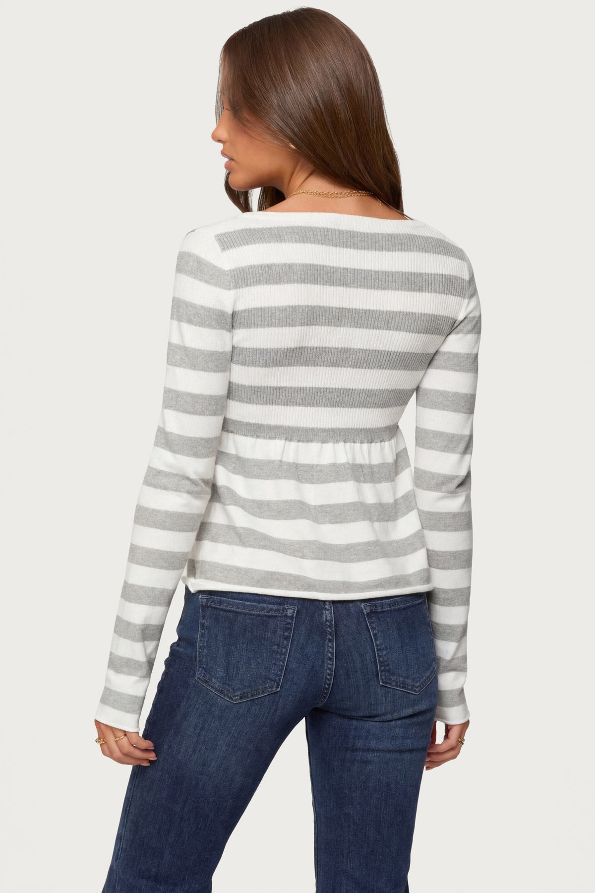 Lockie Striped Knit Babydoll Top - LIGHT-GRAY