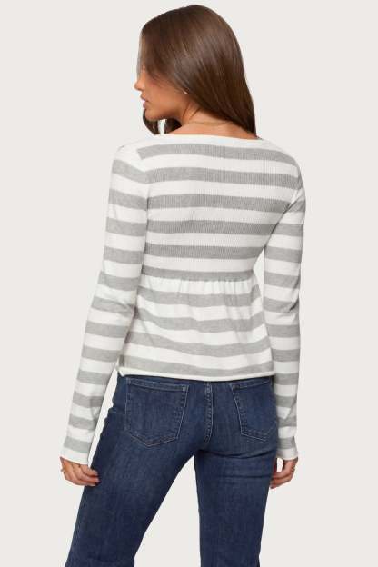 Lockie Striped Knit Babydoll Top - LIGHT-GRAY