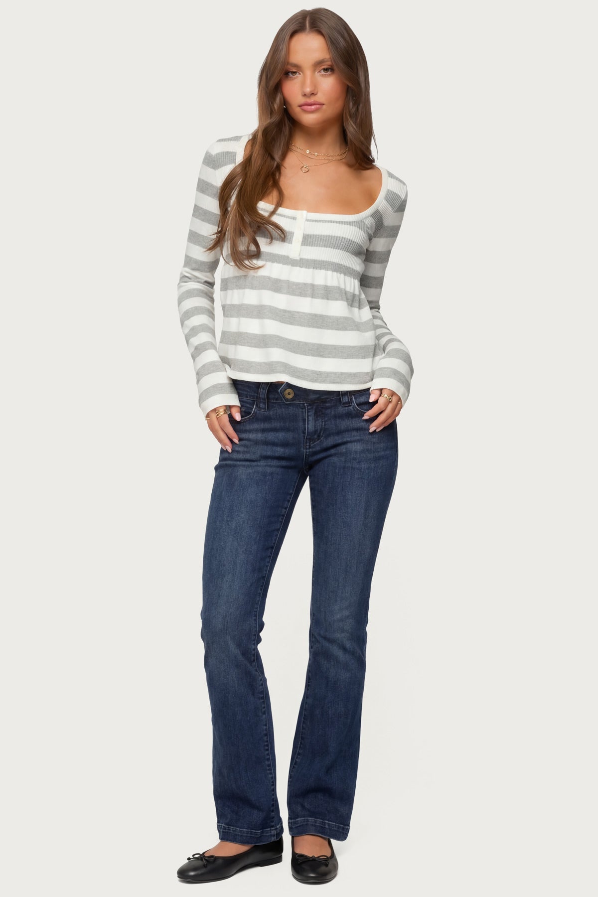 Lockie Striped Knit Babydoll Top - LIGHT-GRAY