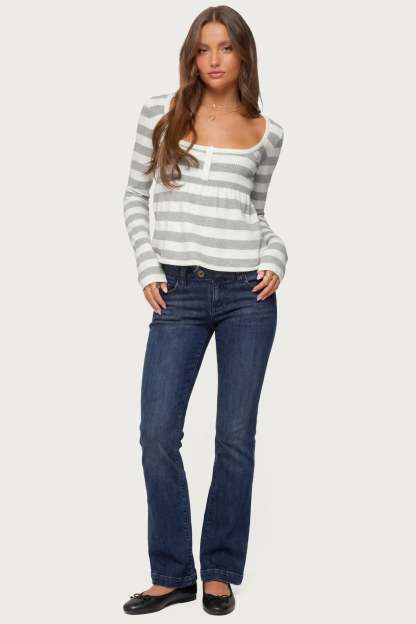 Lockie Striped Knit Babydoll Top - LIGHT-GRAY