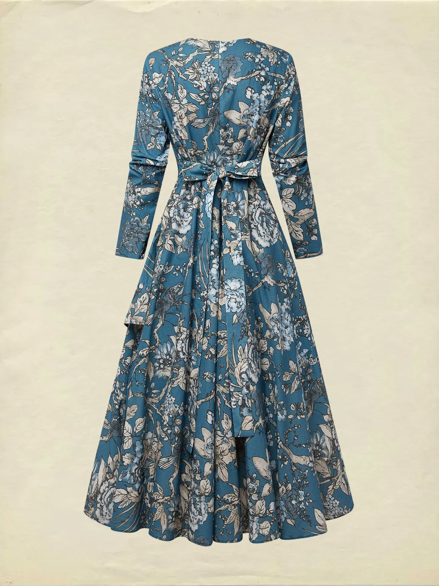 Maxi Linen Dress, Long Sleeves, Round Neck, Floral, Ruffles, Vintage, Deep Blue - Deep Blue
