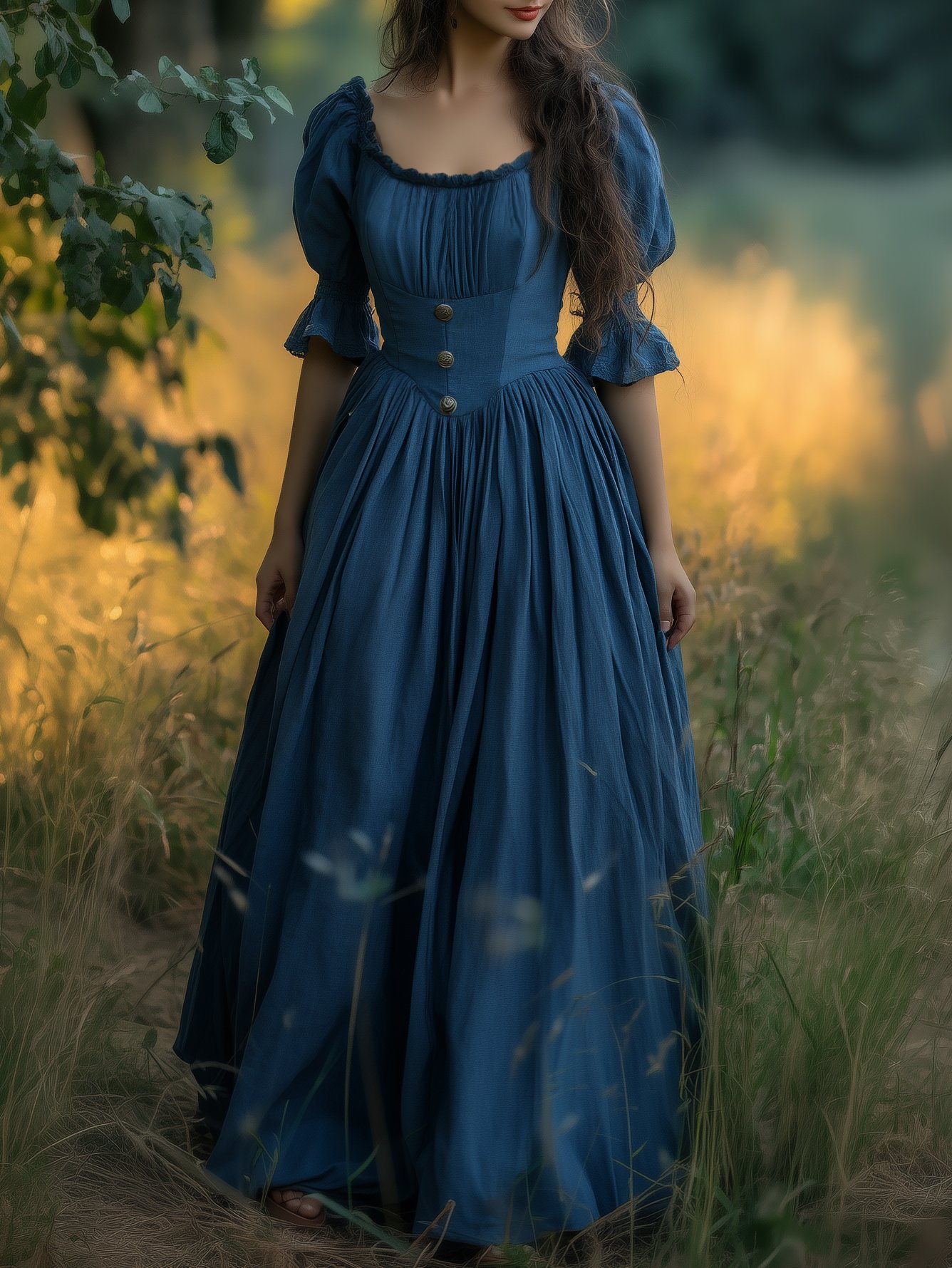 Linen Maxi Dress, Crew Neck, Half Sleeves, Belt, Victorian Style, Princess Dress, Blue - Blue