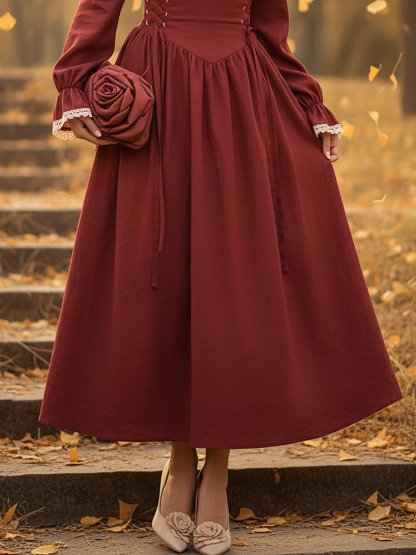 Maxi Linen Dress, Long Sleeves, Square Neck, Plain, Lace, French Vintage, Red - Red