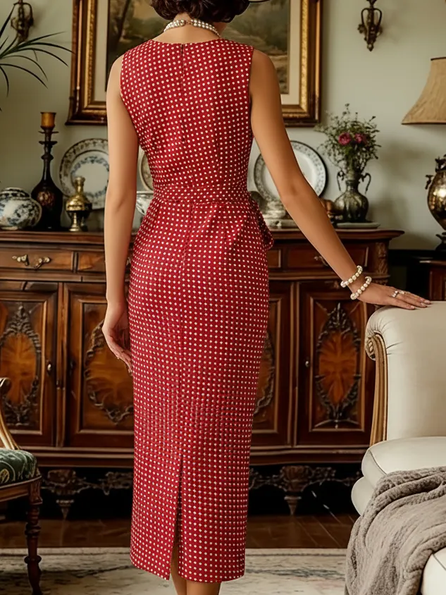 Midi Cotton Dress, Sleeveless, Round Neck, Polka Dots, Twist, French Vintage, Red - Red