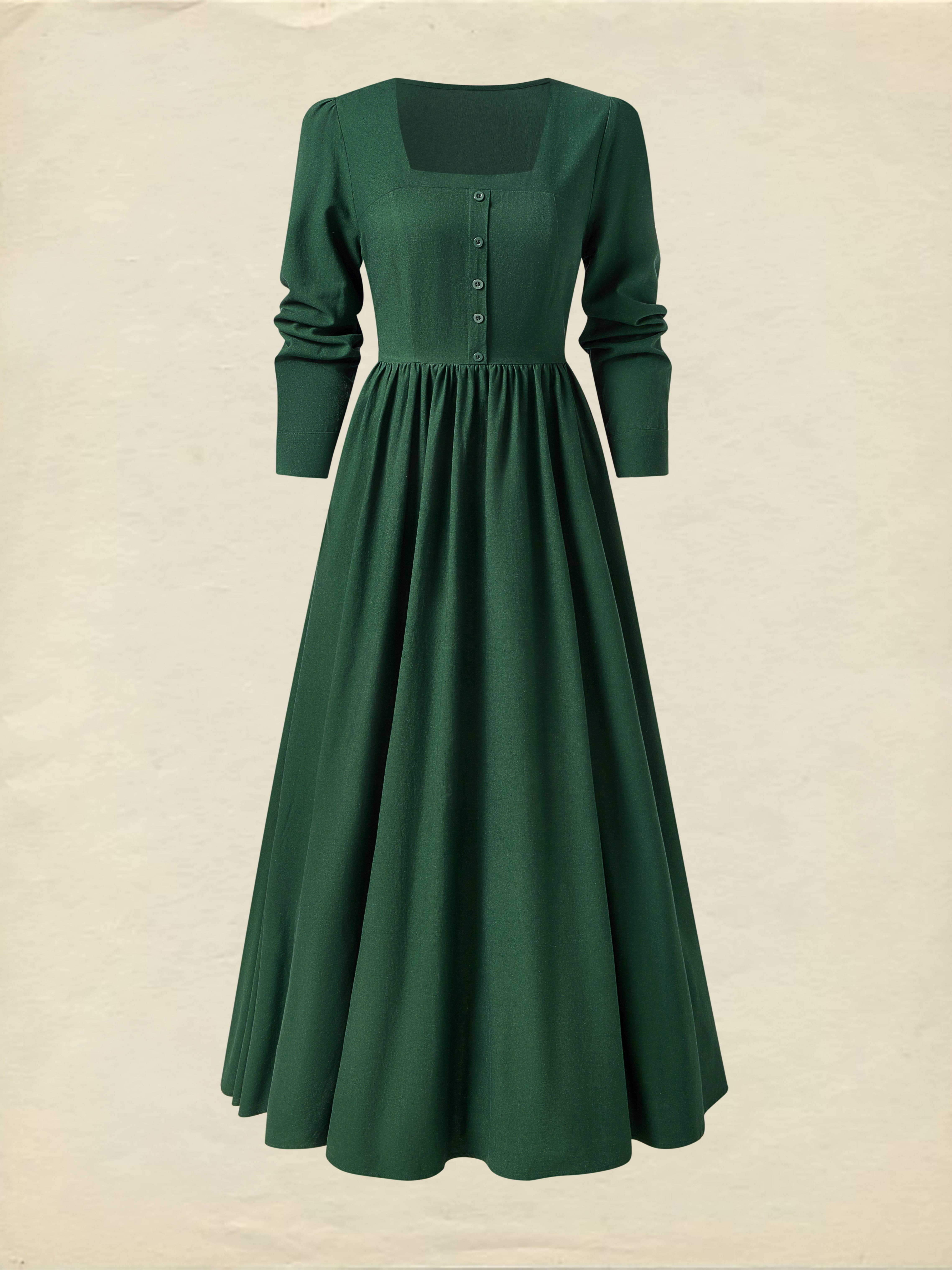 Linen Maxi Dress, Square Neck, Long Sleeves, Victorian Style, Linen Blend, Green - Green