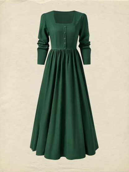 Linen Maxi Dress, Square Neck, Long Sleeves, Victorian Style, Linen Blend, Green - Green
