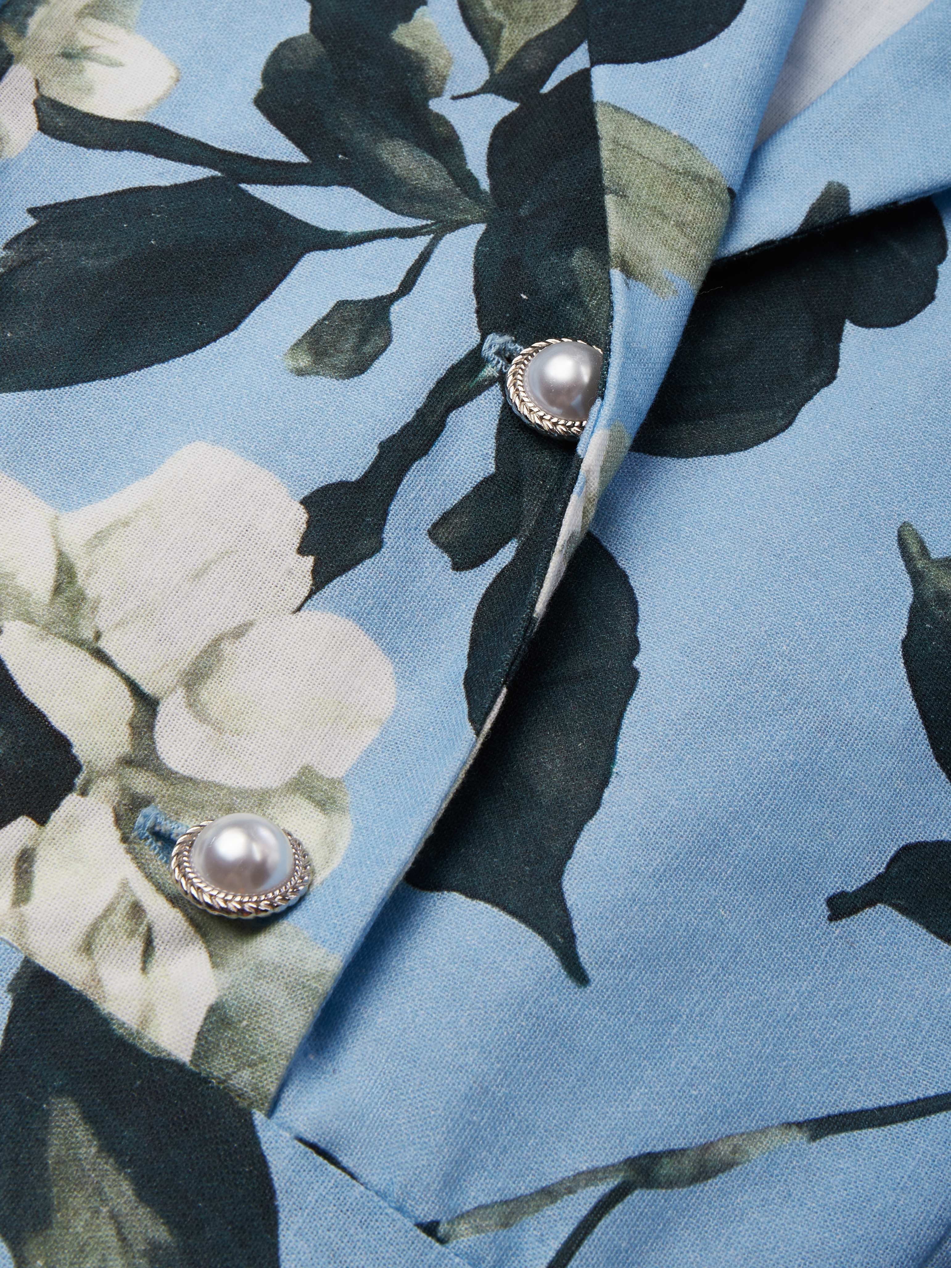 Maxi Linen Dress , Half Sleeve, Lapel Collar, Floral, Vacation, Vintage, Blue - Blue