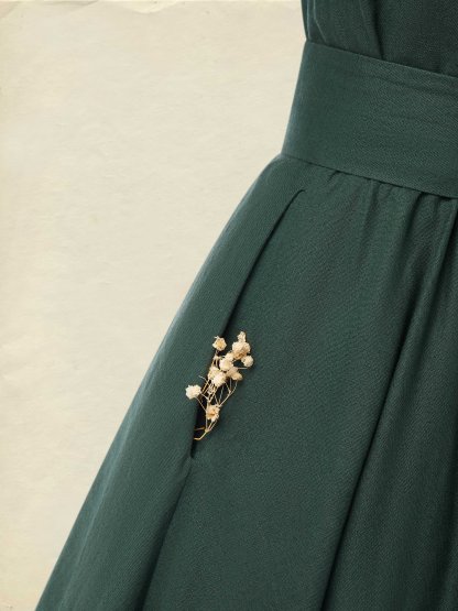 Midi Linen Dress , Half Sleeve, Sweetheart Neck, Plain, Vintage, Deep Green - Deep Green