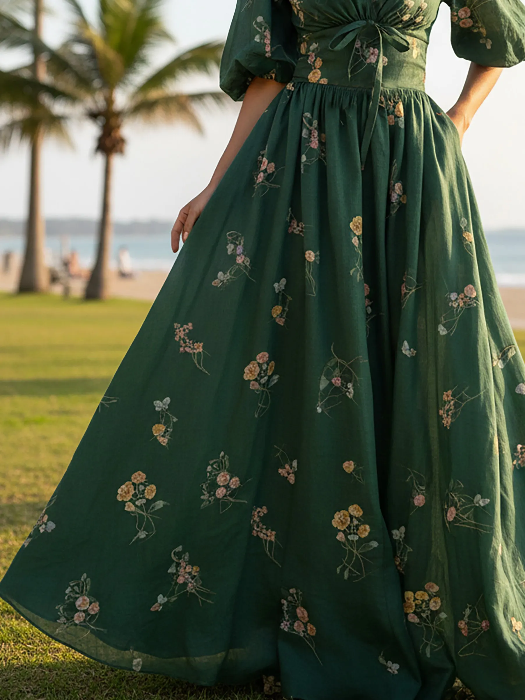 Maxi Linen Dress, Half Sleeve, V Neck, Floral, Bow, Vintage, Green - Green