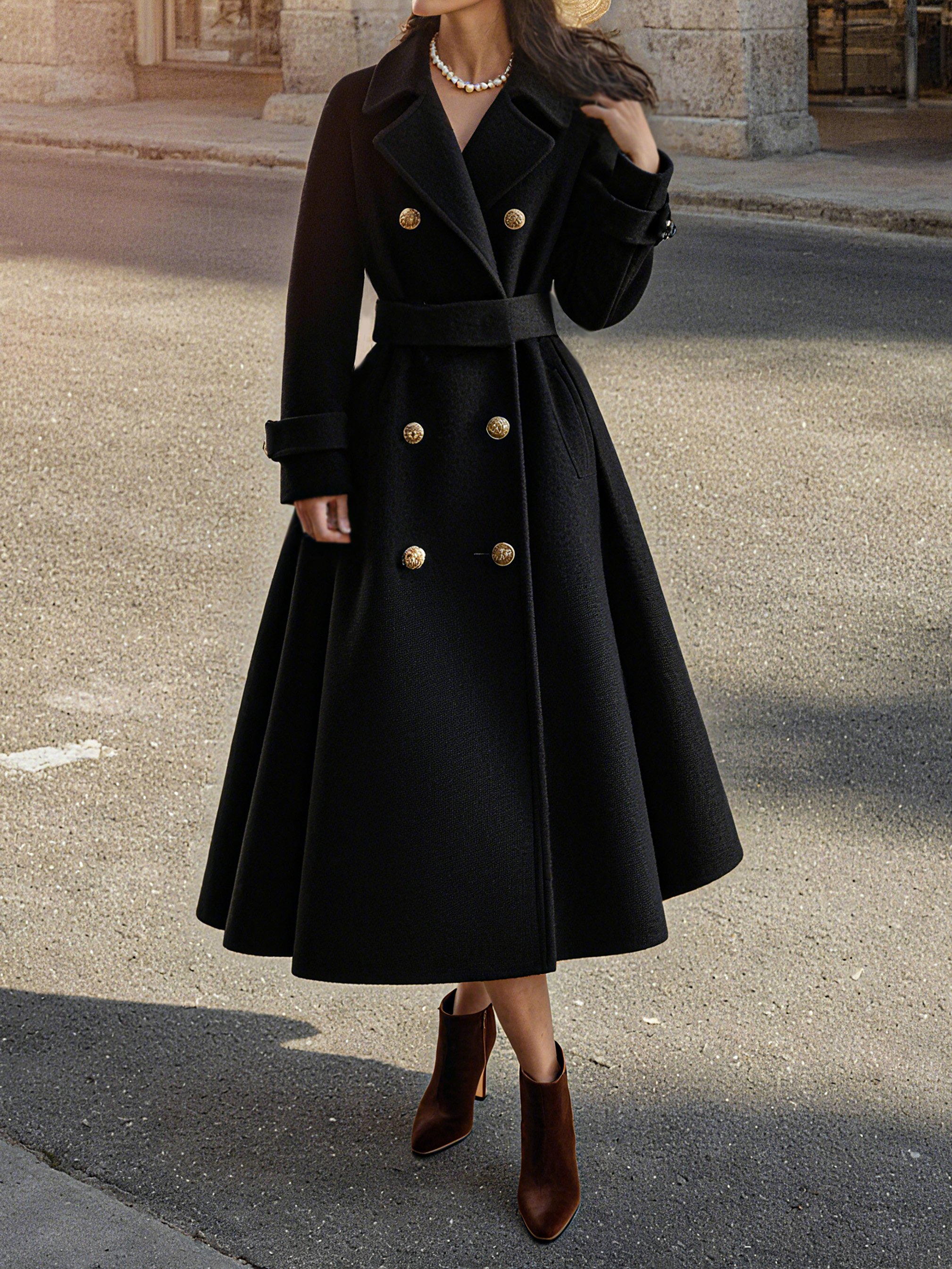 Wool Trench Coat, Long Sleeves, Lapel Collar, Plain, Button Design, Vintage, Black - Black